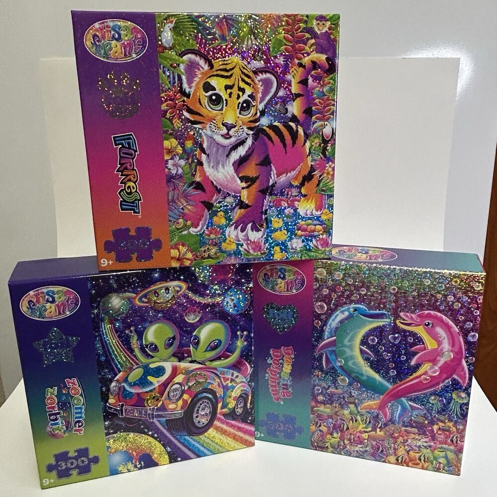 Lisa Frank 300pc Foil Puzzles Aliens Dolphin Furrest Tiger Zoomer Zorbit